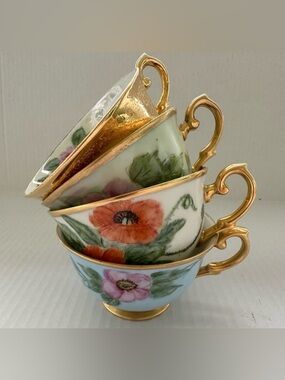 Antique Porcelain Floral Gold Trim Teacups